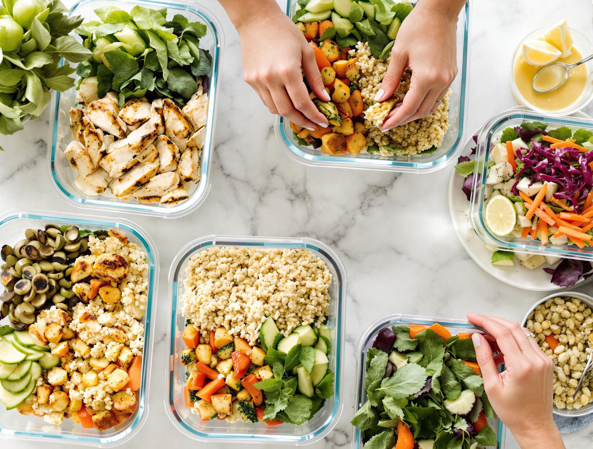 Two people preparing meals in six bowls.